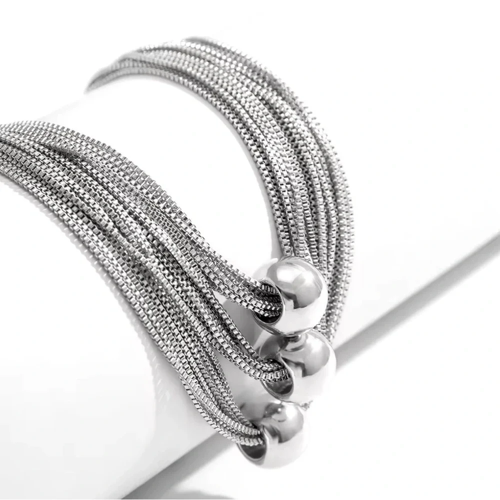 18K White Gold Plated Chunky Thick Layered Chain W/ Exaggerated Beads Necklace - Picture 6 of 7